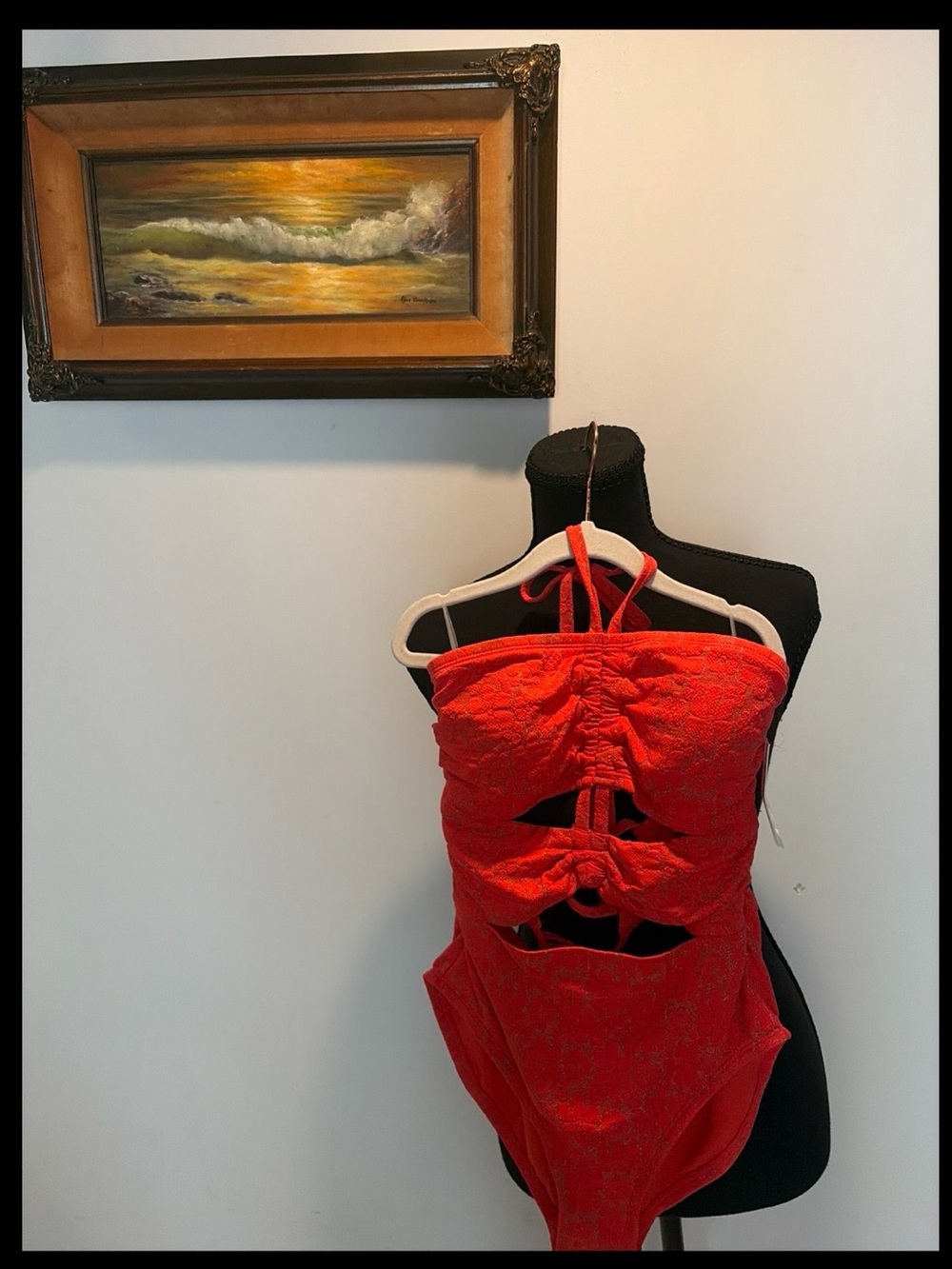 NWT One Piece Swimsuit Floral Metallic Coral Swim Bathing suit CutOut Halter